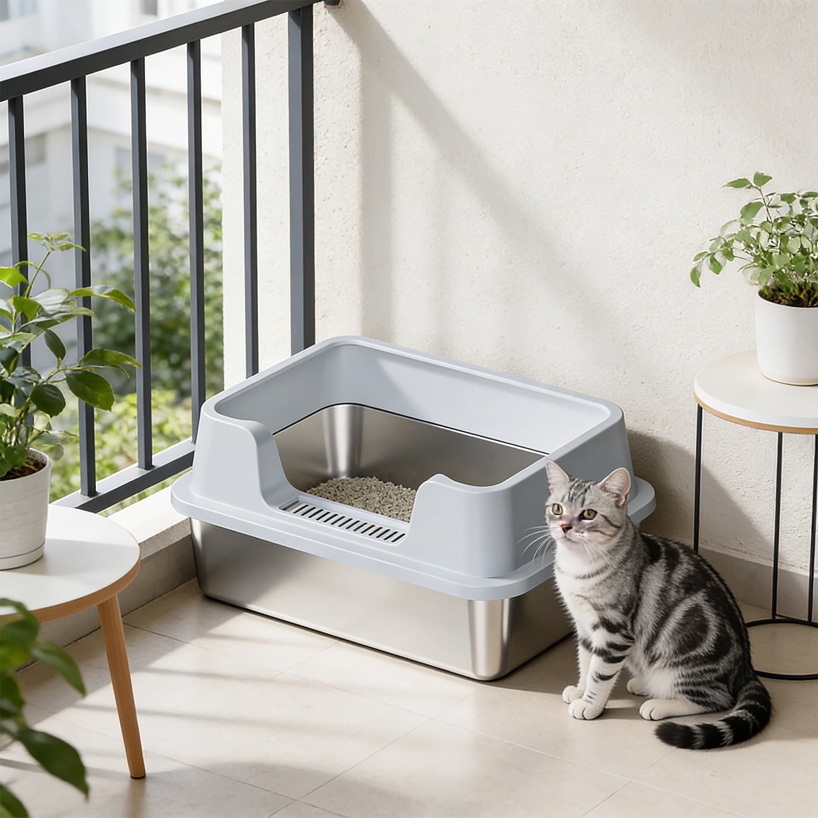 Stainless Steel Cat Litter Box, XL Semi-Enclosed High Sides Litter Pan, Anti-Splash Odor Control, Non-Stick Leakproof with Scoop, 20"x 13" (Blue)