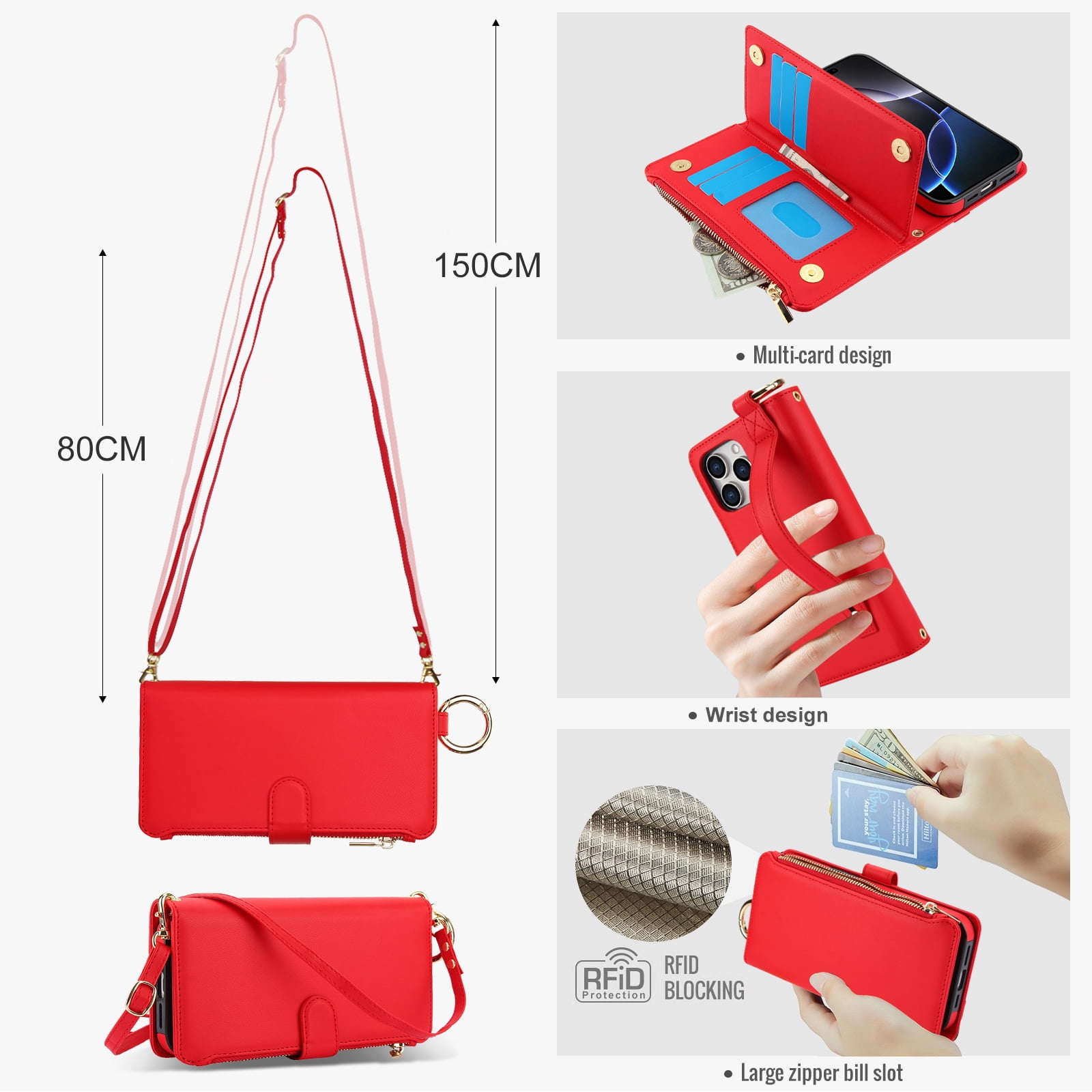 ELEHOLD For iPhone 13 Pro Max Phone Case Leather Crossbody Zipper Card Wallet Flip Case Kickstand Cover, with Ring Holder,Full Body Protection-Red