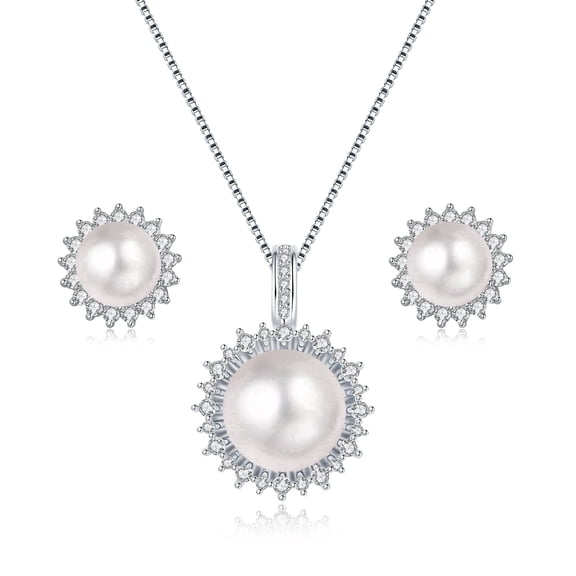White Pearl Jewelry Set for Women, 10-11mm Freshwater Cultured Pearl Necklace and Earrings, Sunflower Design 925 Sterling Silver Gift