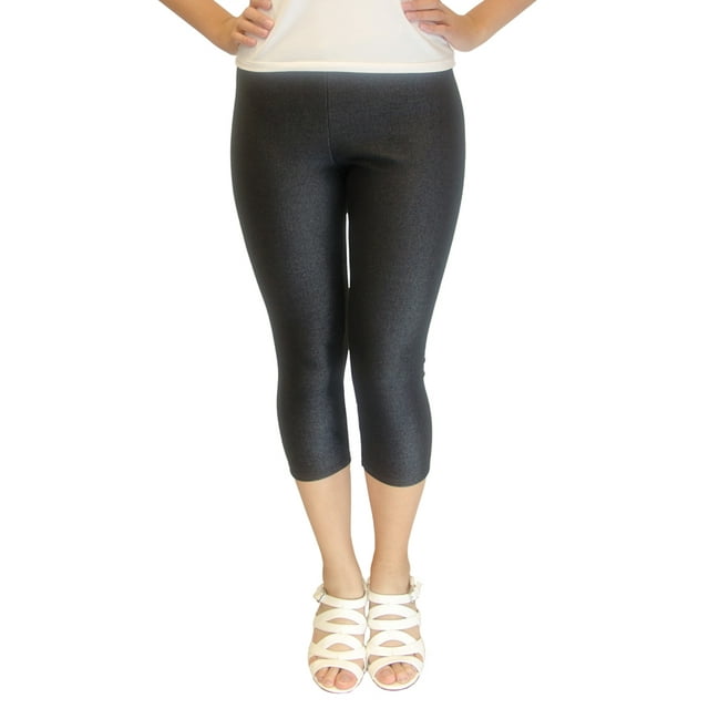 Vivian's Fashions Capri Leggings - Knit Denim, Misses Size (Black, 6X)