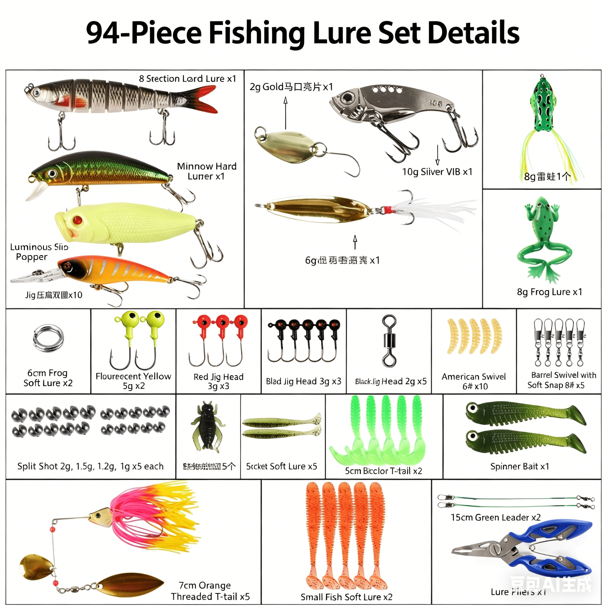 Salange 94pcs Fishing Lure Tackle Kit,Includes VIBs, Frogs, Minnows, Soft Baits, Hooks & Weights ,Freshwater Lure Set for Bass, Walleye, Trout Complete Tackle Box with Accessories
