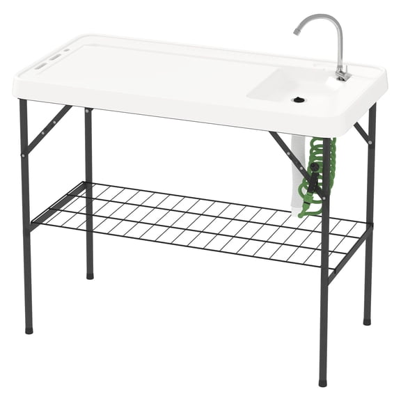 Folding Fish Cleaning Table with Sink, Portable Camping Table with Faucet, Drain Hose & Shelf - White Outdoor Prep Station
