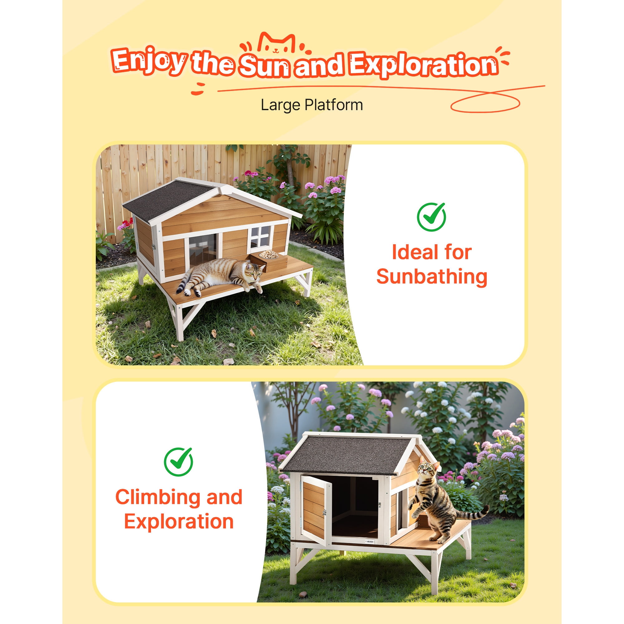 KFFKFF Insulated Wooden Cat House for Outdoor & Indoor Cats – 31‑Inch Weather‑Resistant Shelter,&nbsp; Spacious Platform,Brown