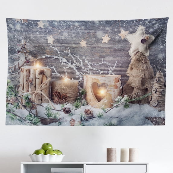 Christmas Tapestry, Snow Weather Rustic Style Window and Festive Ornamental Boxes Winter Season, Fabric Wall Hanging Decor for Bedroom Living Room Dorm, 2 Sizes, Brown and Orange, by Ambesonne