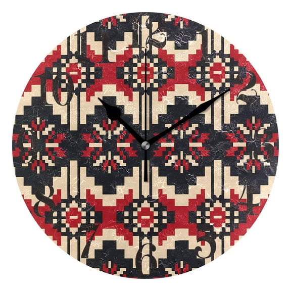 Geometric Pixel Print Round Wall Clock Battery Operated Silent Non-Ticking Bedroom Office Kitchen Home School Decor 10"(Black)