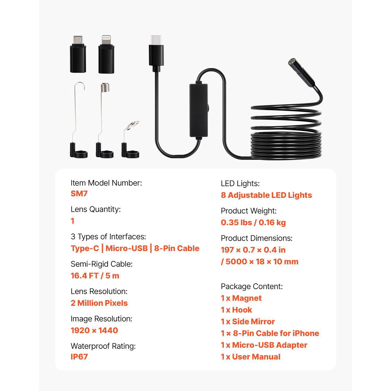 Endoscope Camera 1920P HD Borescope with 8 LED Lights 16.4FT Semi Rigid Cable 2X Zoom IP67 Waterproof for Android iOS Auto Plumbing Inspection