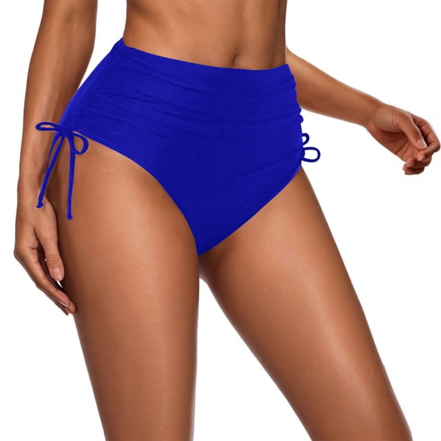Traje de baño de mujer de nailon, color liso, cintura alta, con cordón ajustable y pliegues.