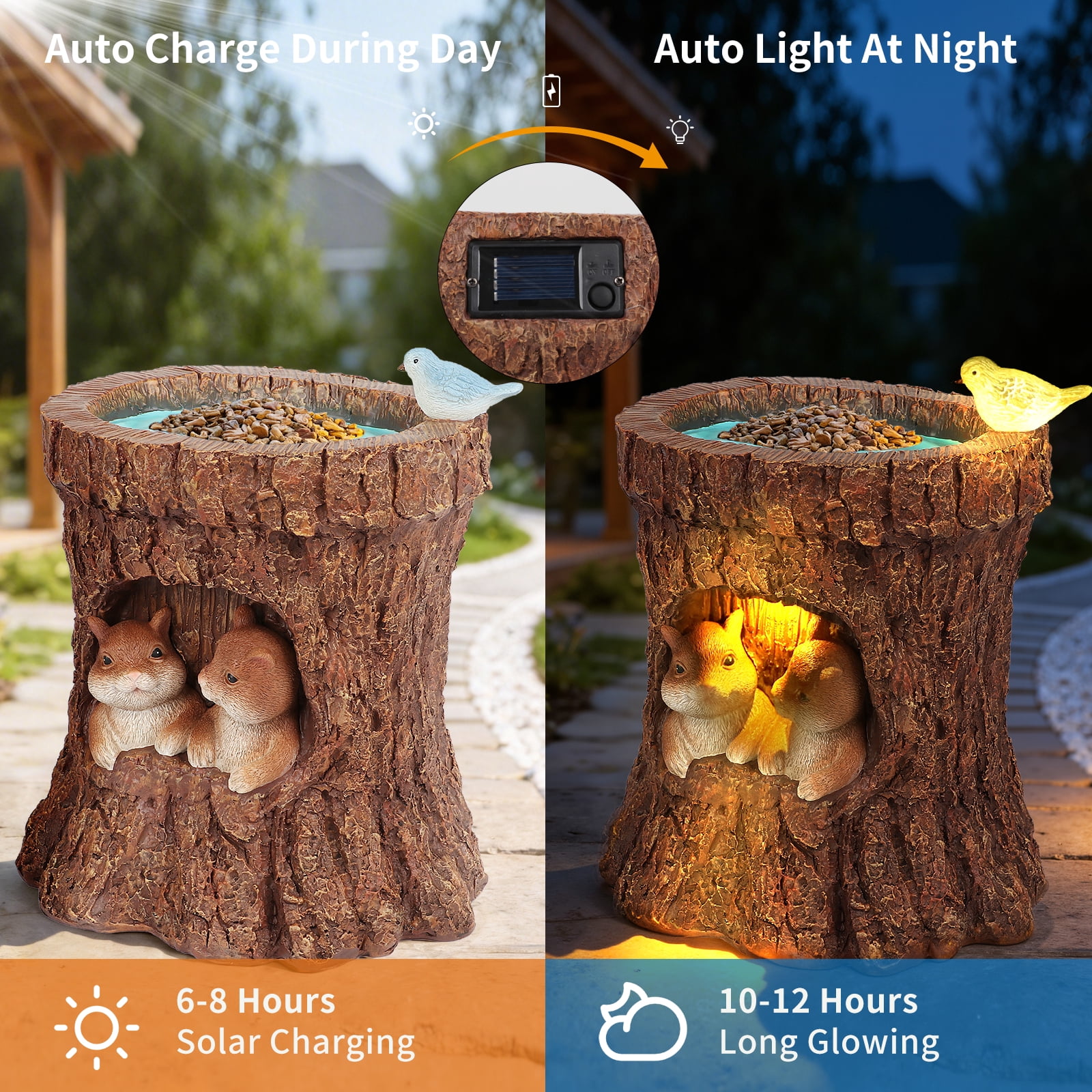 DAK Resin Solar Squirrel Garden Statue with Bird Feeder, LED Lighted Tree Stump Decor,  Waterproof  UV Resistance