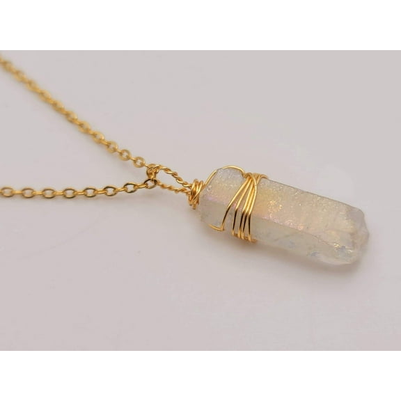 Gold Wire Wrapped Rainbow Aura Quartz Necklace Healing Crystal Necklace
