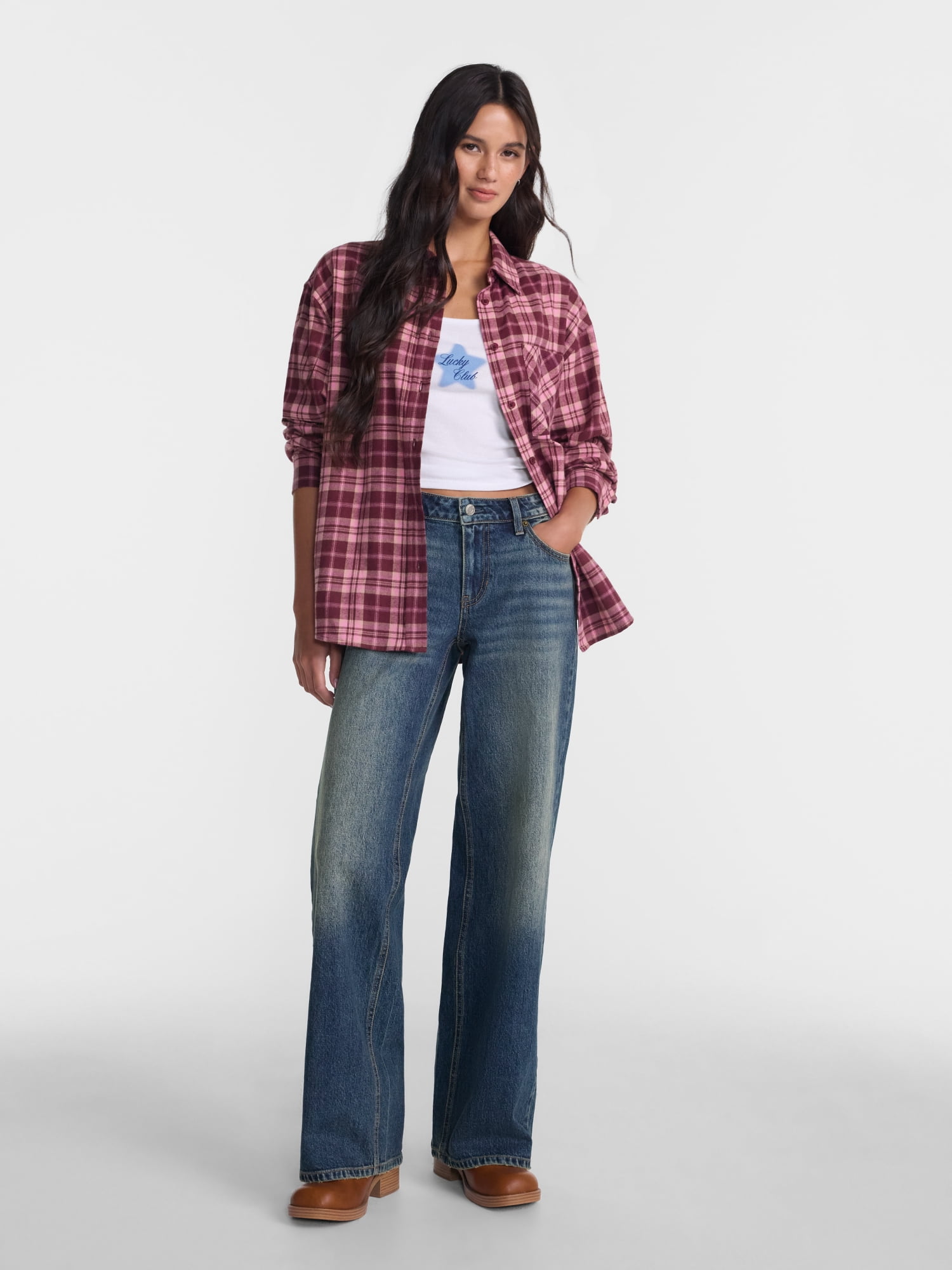 No Boundaries Plaid Flannel Shirt with Long Sleeves, Women's XXS-XXL