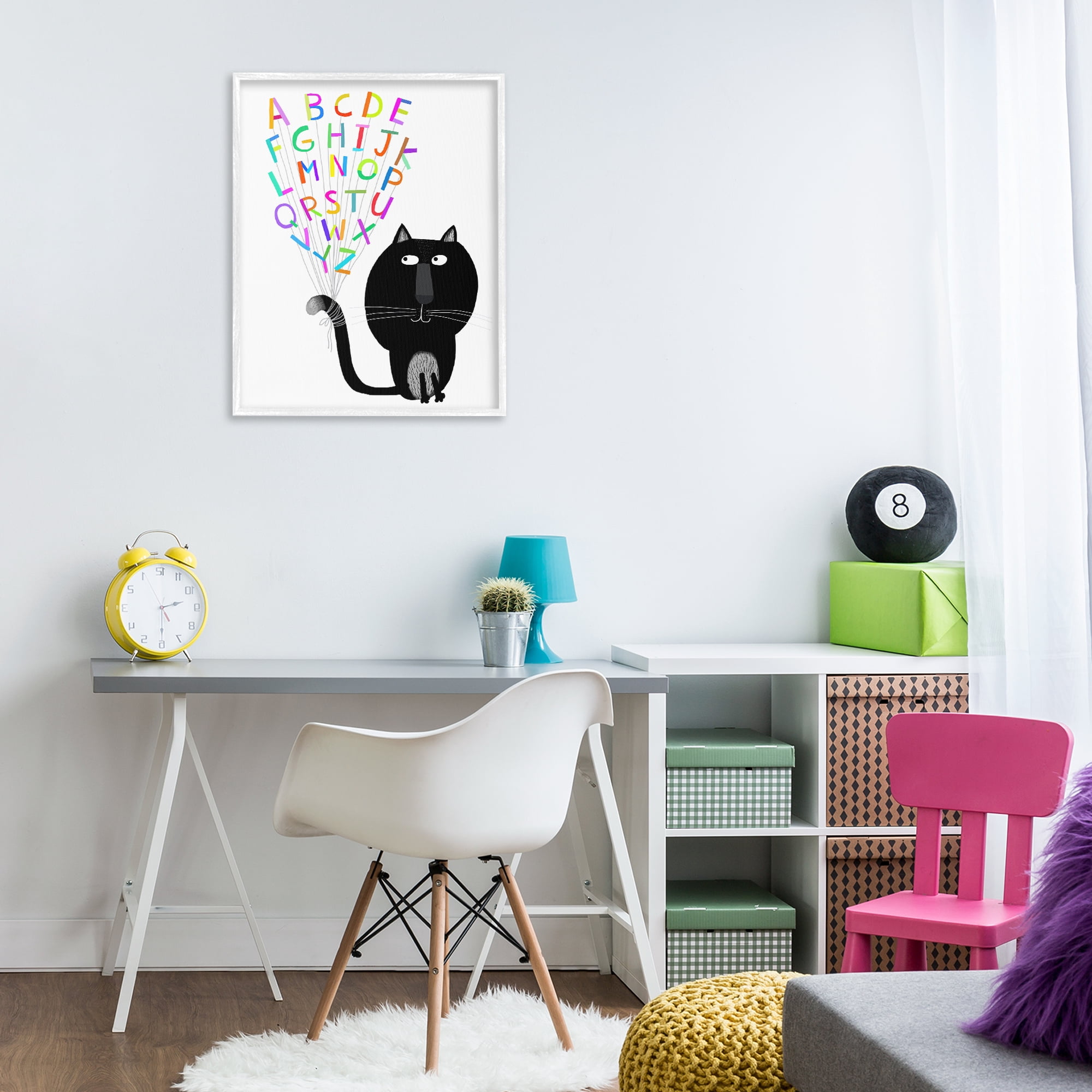 Stupell Industries Cat with Alphabet Animals & Insects Painting White Framed Art Print Wall Art, 24 x 30