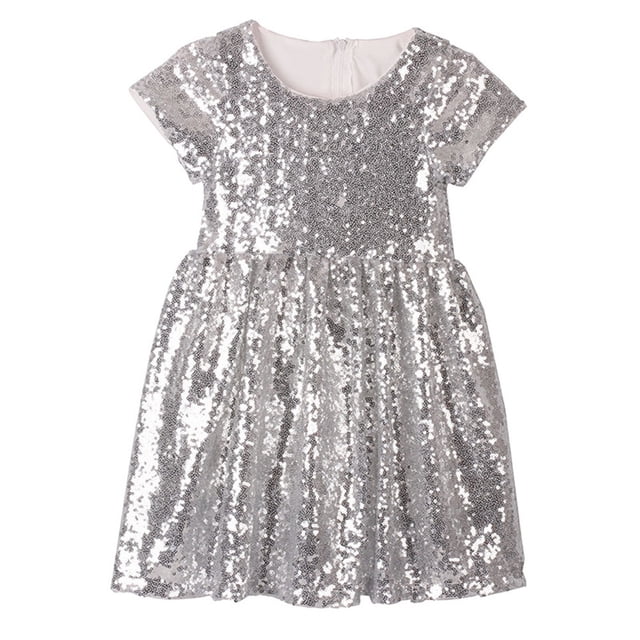 EnJoCho Robe à Paillettes pour Filles Manches Courtes Brillante Décontractée Ample Col Rond Été Robe Trapèze Mignonne pour Fête