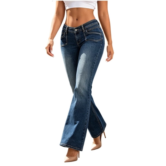 Noric Women Low Rise Flare Jeans with Pockets Retro Slim Fit Fashion Casual Denim Trousers