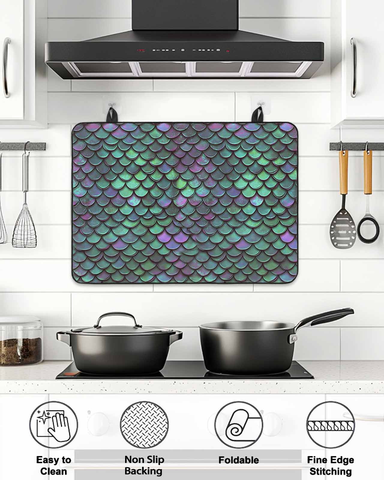 Stove Top Covers for Electric Stove, Coastal Teal Green Glass Stovetop Cover Protector, Modern Ocean Mermaid Scales Induction Cooktop Protector Oven Mat for Kitchen Countertop 28.5"x20.5"