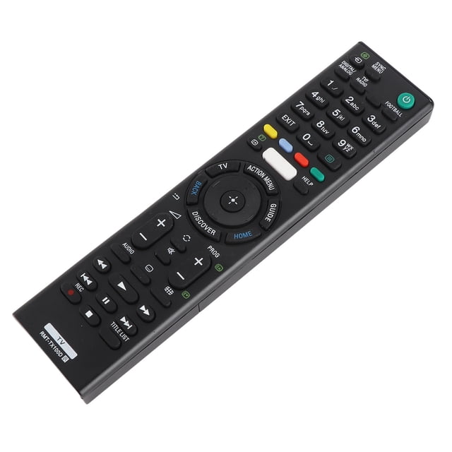 mando a distancia para tv inteligente rmt-tx100d control remoto universal negro, vista 3/4 frontal con silueta alargada y botones de goma; teclado numérico superior, rueda direccional circular con botón central, fila media de cuatro botones de color (orden aleatorio según especificación), botones grandes de volumen y canal, carcasa ABS mate, medidas aprox. 20 x 5 x 1.8 cm. También suele usarse como reemplazo para modelos RMT-TX101J/102U/102D/101D.