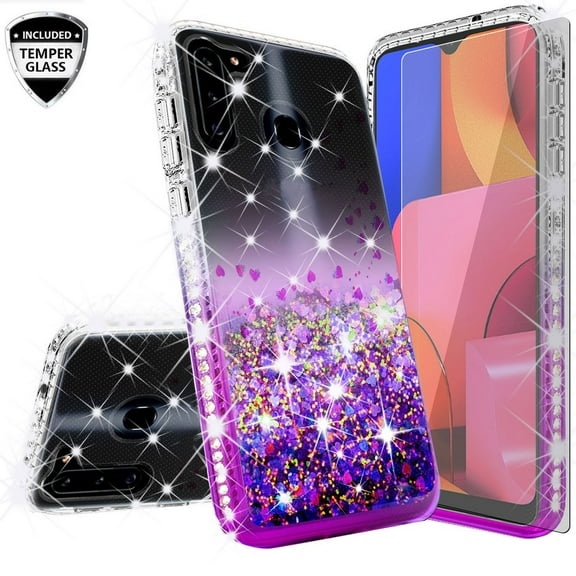 Case for Galaxy A21 Case w/ TPU Screen Protector Liquid Quicksand Glitter Cute Bling Girls Women [Shock Proof] for Samsung Galaxy A21 - Clear/Purple