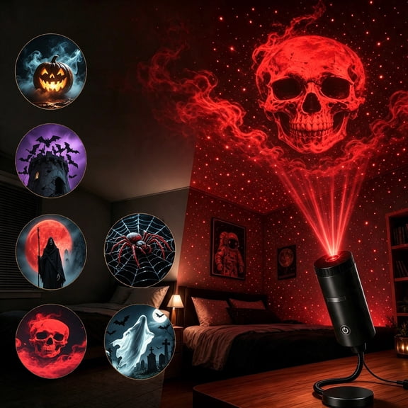 Plug-&-Play HD Star Projector, Halloween 6-Disc Set, Halloween Projector Hologram, Night Light with 6 Spooky Projection Discs, Perfect for Car Interiors Bedroom Decor and Halloween Parties