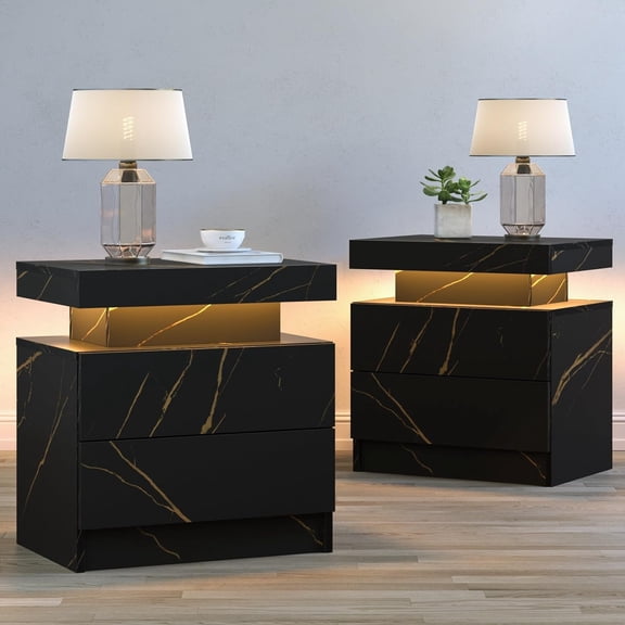 LED Nightstands Set of 2, Modern End Table with 2 Drawers, End Tables for Living Room Bedroom Black