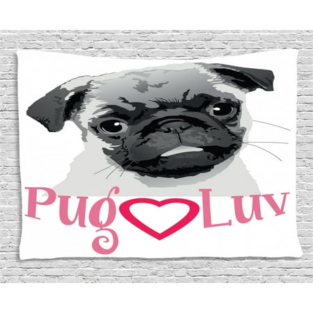 Pug Tapestry Pug Love Image Cute Grey Toned Drawing Of A Dog Pet Animal Fun Bonding Print Wall Hanging For Bedroom Living Room Dorm Decor 80w X 60l