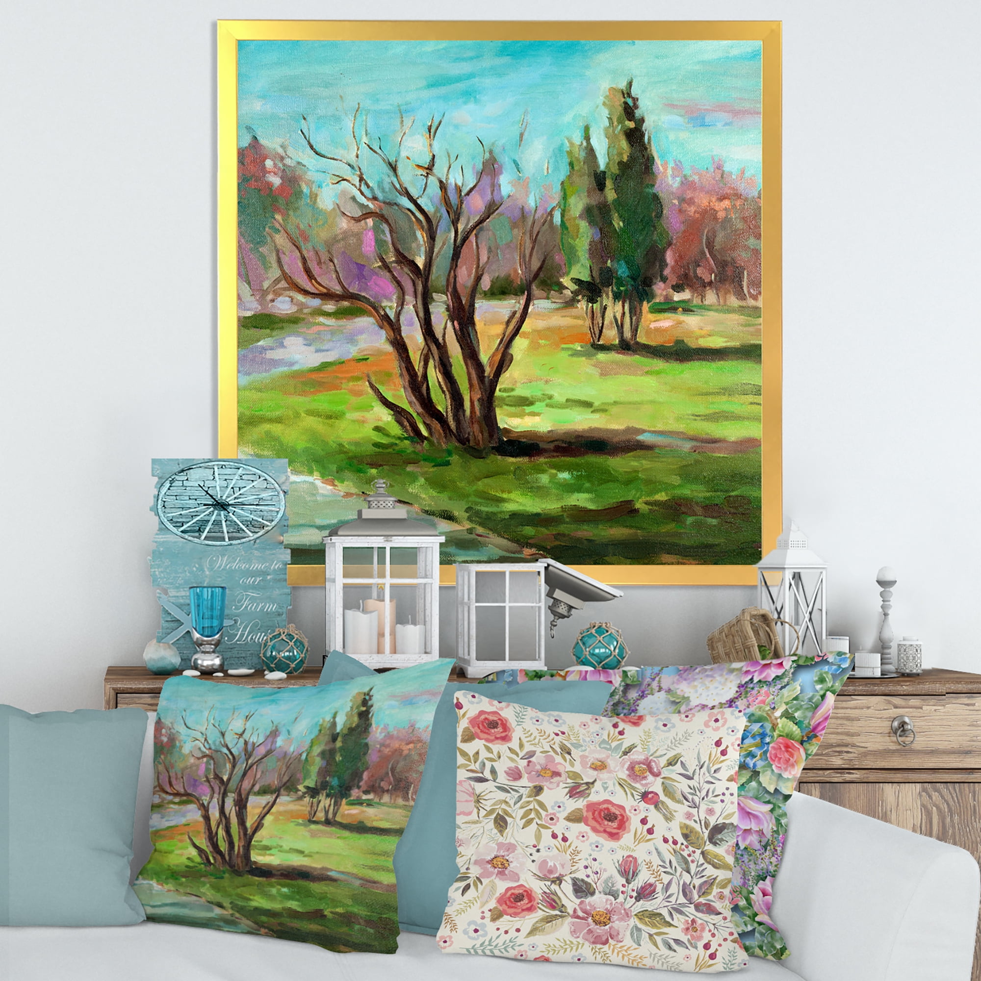Designart 'Two Distant Trees In A Vibrant Green Landscape' Traditional Framed Art Print