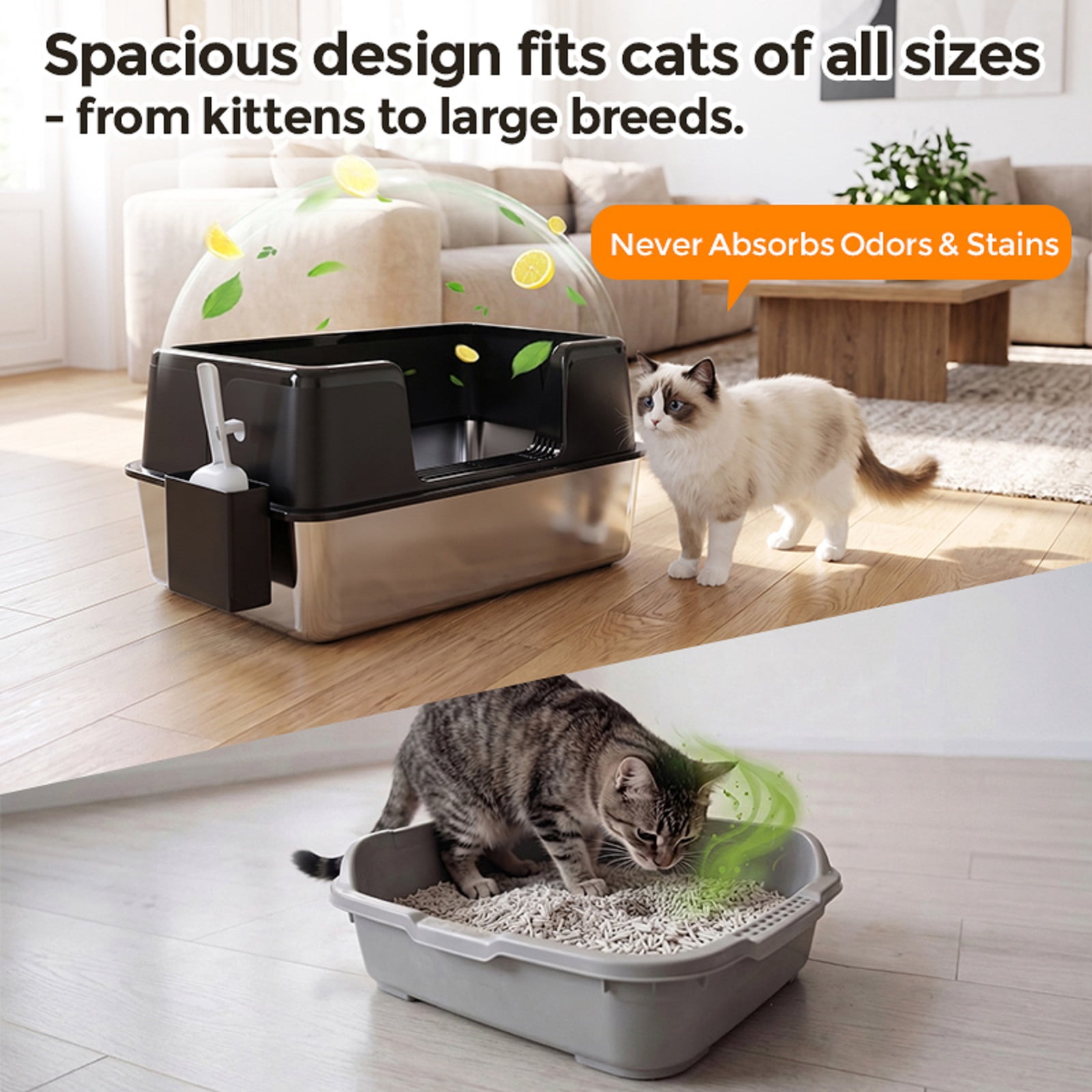 Stainless Steel Cat Litter Box with Lid, XL Extra Large Cat Litter Box for Big Cats, High Wall Sides, Never Absorbs Odors, Anti-Urine Leakage, Easy Cleaning, Scoop and Mat Included, Black