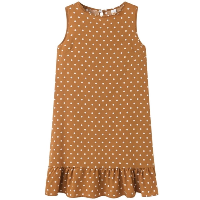 facefd Robe Femme Sans Manches à Pois Gilet à Volants Ronde à Volants Col Rond Robe Ample Kaki G