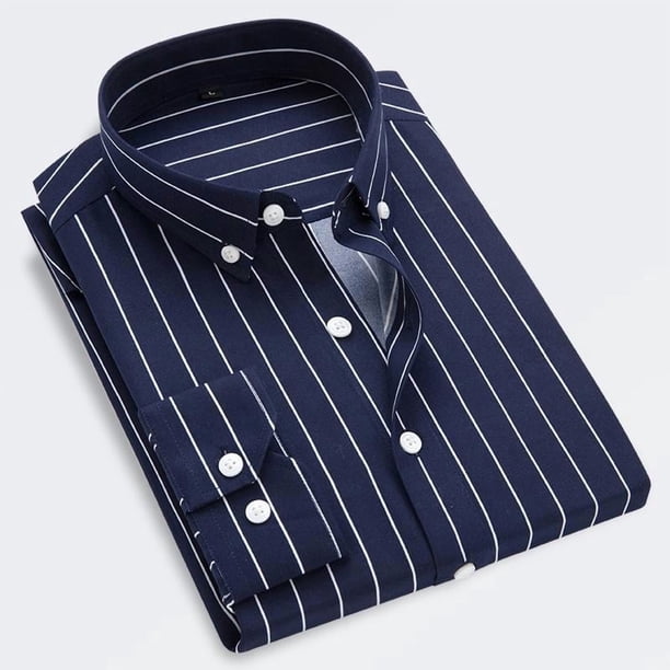 Camisa clásica a rayas para hombre, con bolsillo en el pecho y rayas verticales, de otoño, de manga larga, formal, azul, para negocios, de gran tamaño.