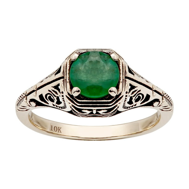 Designer Diamonds - 10k Yellow Gold Vintage Style Genuine Round Emerald