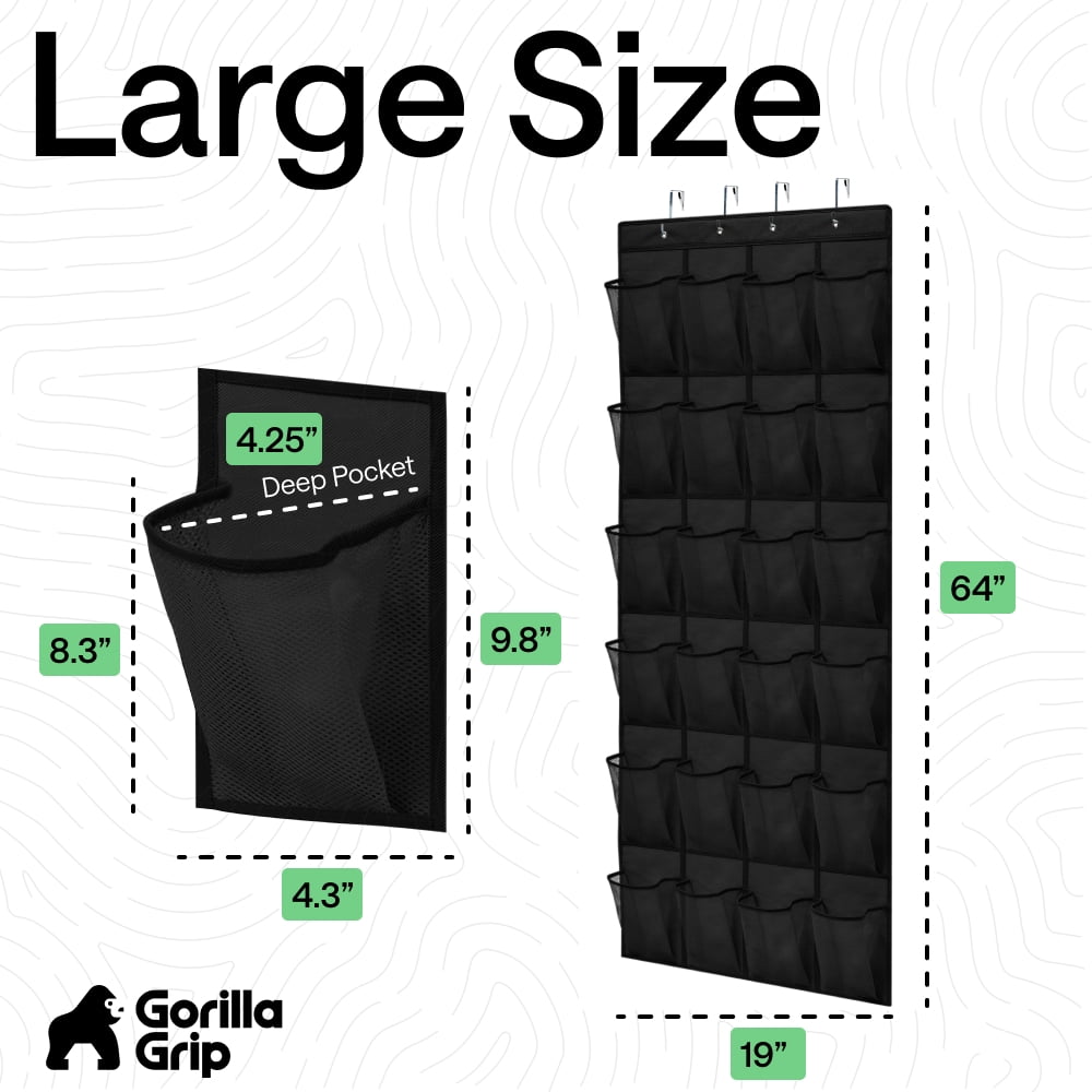 GORILLA GRIP 24 Pocket Over the Door Shoe Organizer, 2 Pack, Mesh Pockets, Up to 40 Pounds, Hang on Doors, Black