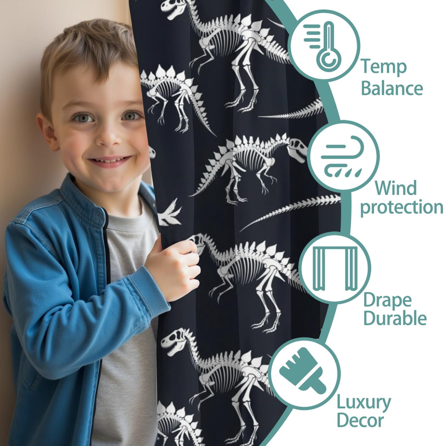 Blackout Kids Curtains,Black Cartoon Dinosaurs Skeletons Pattern Childrens Insulated Curtains Set Of 2,Bedroom Essentials,Toddler Room Decor 42"x63"