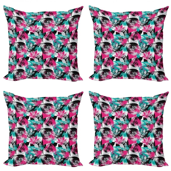 Ambesonne Grunge Throw Pillow Cover 4 Pack, Ornate Leaf Arrangement, 20", Hot Pink Seafoam Black