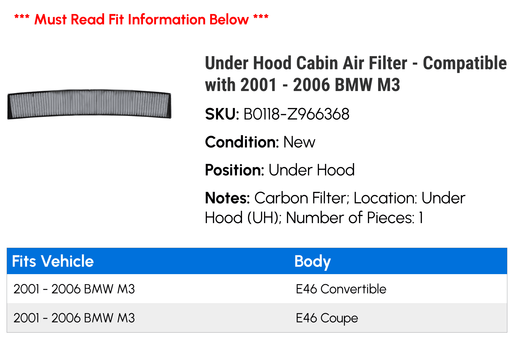 Under Hood Cabin Air Filter - Compatible with 2001 - 2006 BMW M3 2002 2003 2004 2005