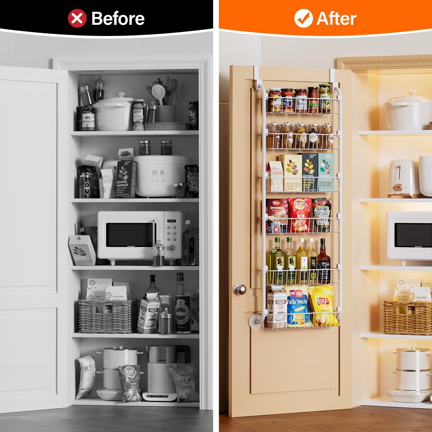 6-Tier Over the Door Pantry Organizer, Heavy-Duty Metal Pantry Door Organizer with 6 Baskets, Hanging Storage Door Organization Kitchen Door Rack, White