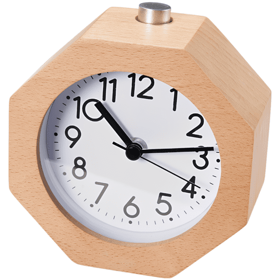 Analog Alarm Clock, Beech Wood Desk Clock with Octagon Design, Silent Movement, Luminous Hands, Battery Operated, Bedside Table Clock for Bedrooms, Night Light, Retro Style