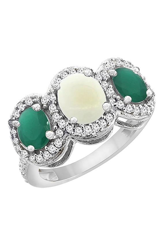 10K White Gold Natural Opal & Cabochon Emerald 3-Stone Ring Oval Diamond Accent, size 9.5