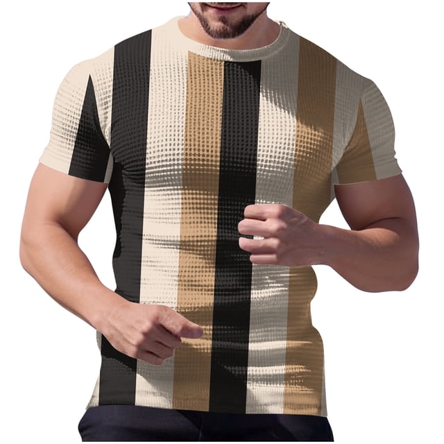 Ceisia Men's Summer Casual Slim Fit Crew Neck Short Sleeve T-Shirt Multi-Color Vertical Striped Waffle Knit Stretch Fabric Khaki XXXXXL Gifts