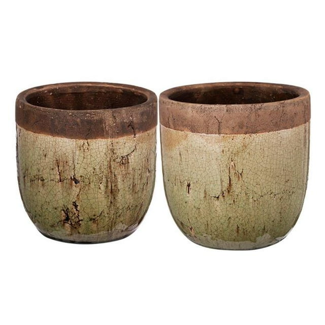Benzara BM181045 Ceramic Two-Tone Earthen Pot with Round Bottom, Green & Brown - Set of 2