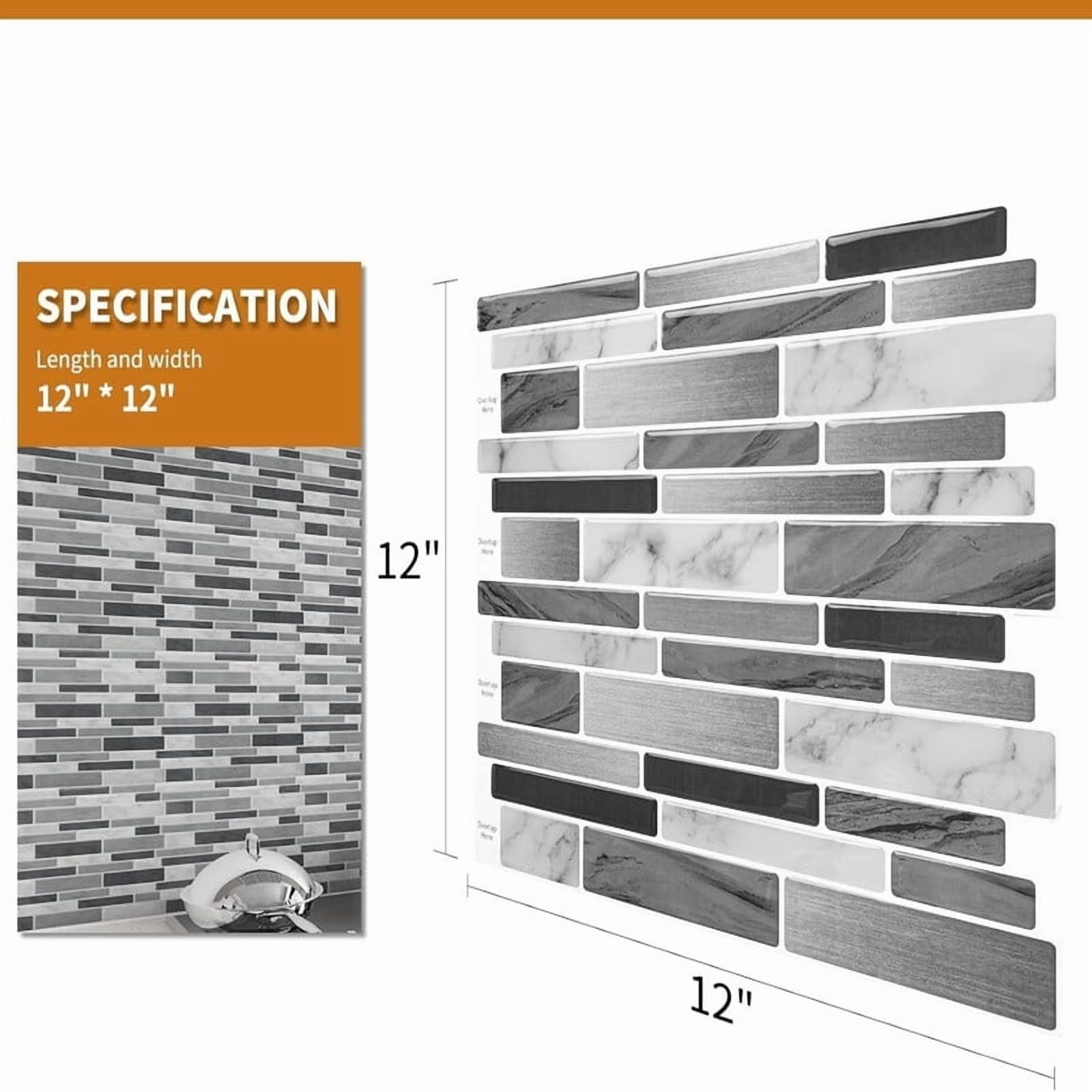 Easy4Home 10Pcs 3D Peel and Stick Backsplash 12"x12" Self-Adhesive Wall Tile for Kitchen Bathroom, Marble Gray