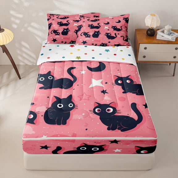 jejeloiu Black Cat Pink Zipper Twin Comforter Sets with Fitted Sheet and 2 Pillowcases Kids,Night Sky Pet Kitten Pattern Zipper Bedding Set For Girls,Reversible,4 Pieces