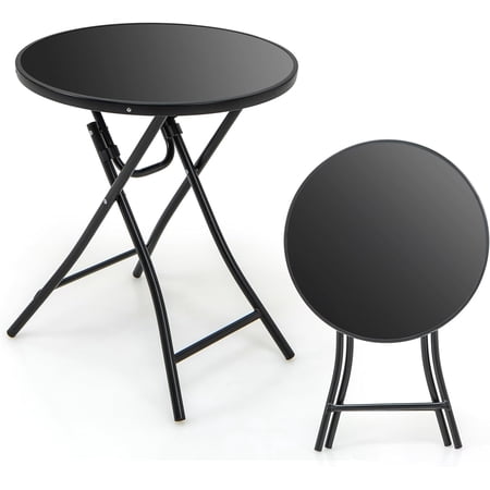 LEHOME 23 Inch Round Bistro Table, Patio Folding Cocktail Table with Tempered Glass Tabletop, Heavy-Duty Metal Frame, Outdoor Portable Bistro Table for Deck, Backyard, Poolside