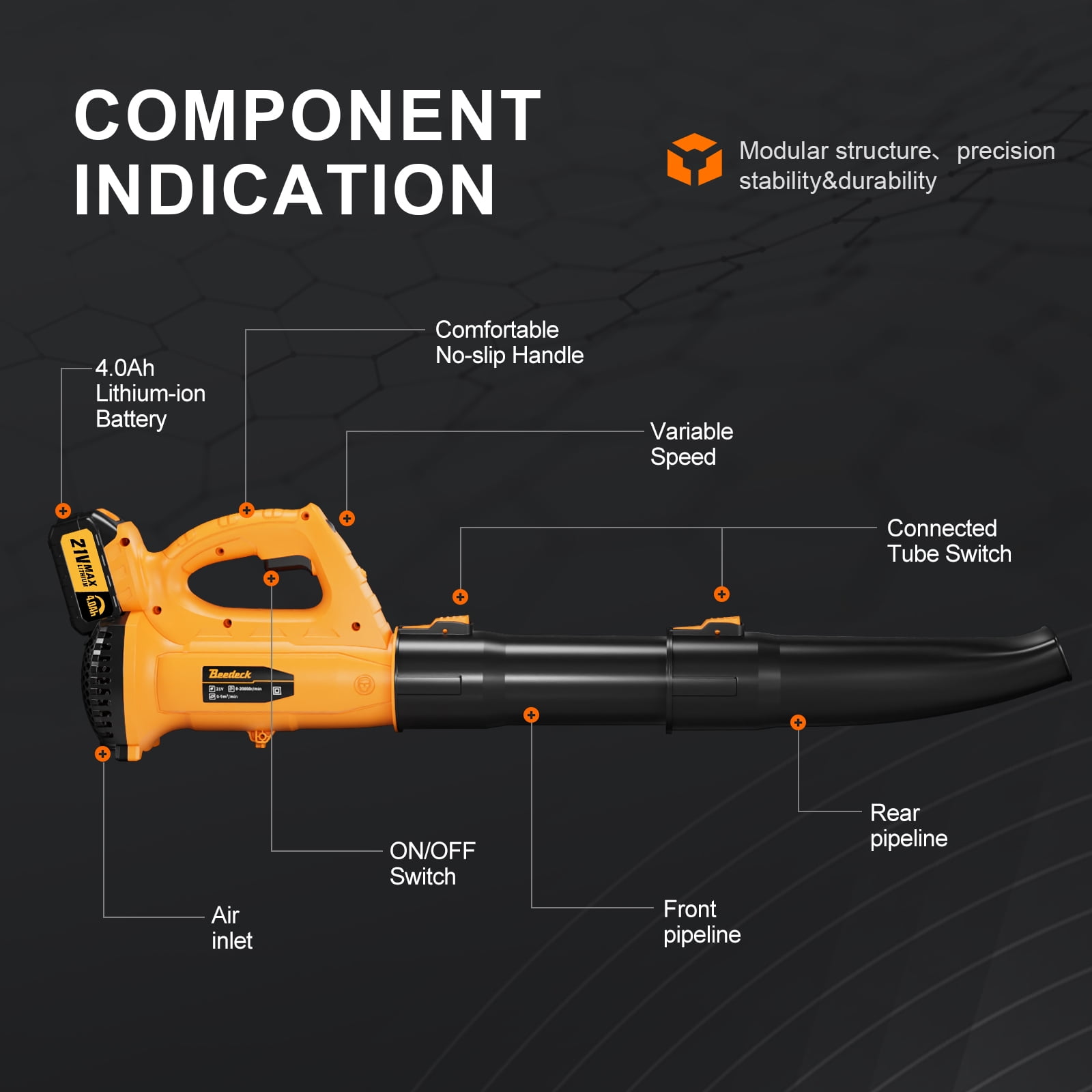 BEEDECK Cordless Leaf Blower - 450 CFM 250 MPH 6-Speed Electric with 21V 4.0Ah Lithium Blower, Lightweight Leaf Blower