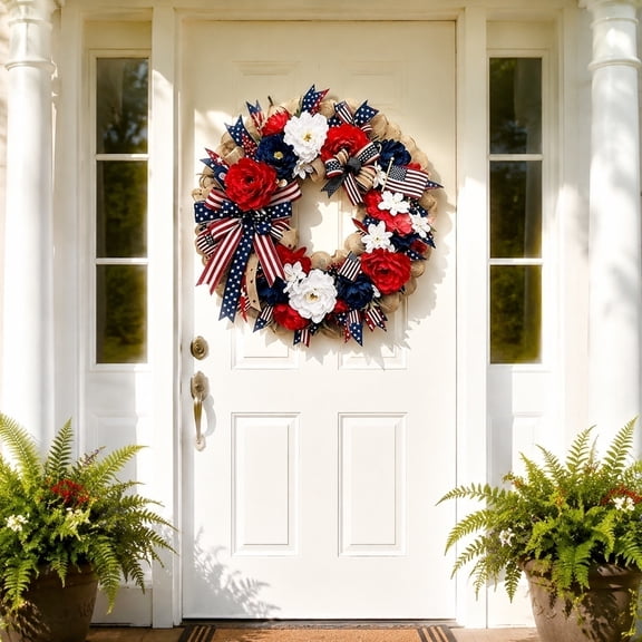 Fmbmuo 4th Of July Patriotic Wreath 17.7 Inch Red White Blue Floral Wreath With USA Flag Bow For Front Door Memorial Day Decor Semiquincentennial