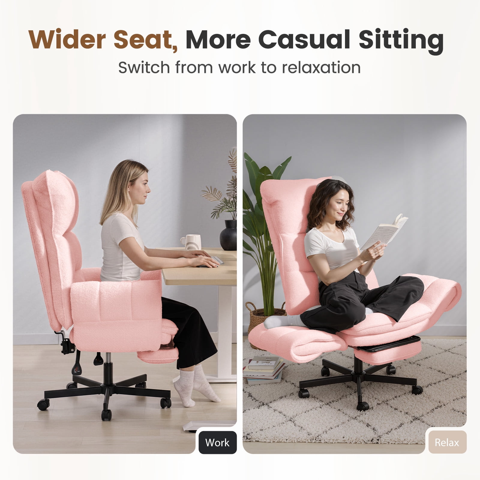 Big and Tall Office Chair, Cloud Teddy Plush Swivel Desk Chair with 6-Level Adjustable Armrests, Home Ergonomic Executive Office Chair, Pink