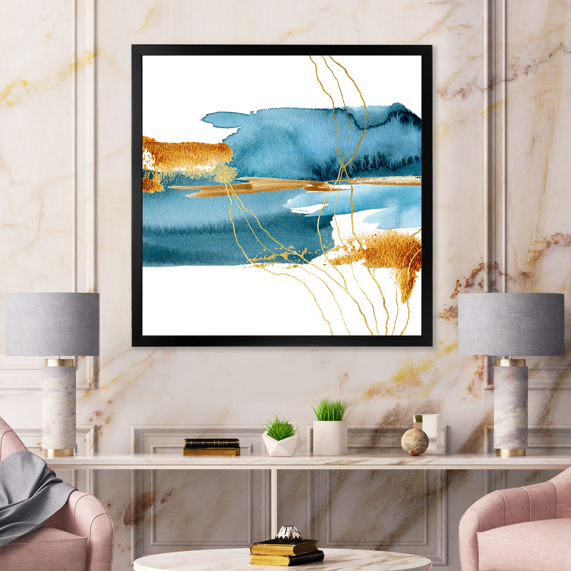 Designart 'Golden Laminaria Branch With Blue Underwater Plant' Modern  Framed Art Print