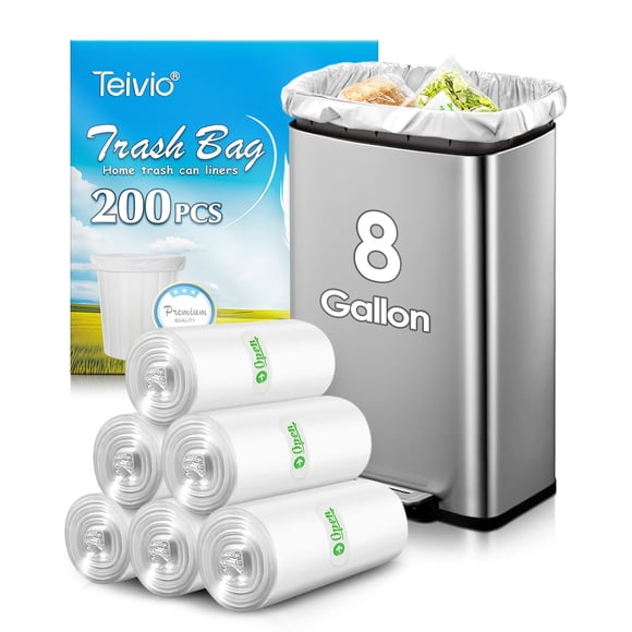 Bolsas de basura Teivio, 30 litros, 200 unidades, 8 galones, sin perfume, transparentes