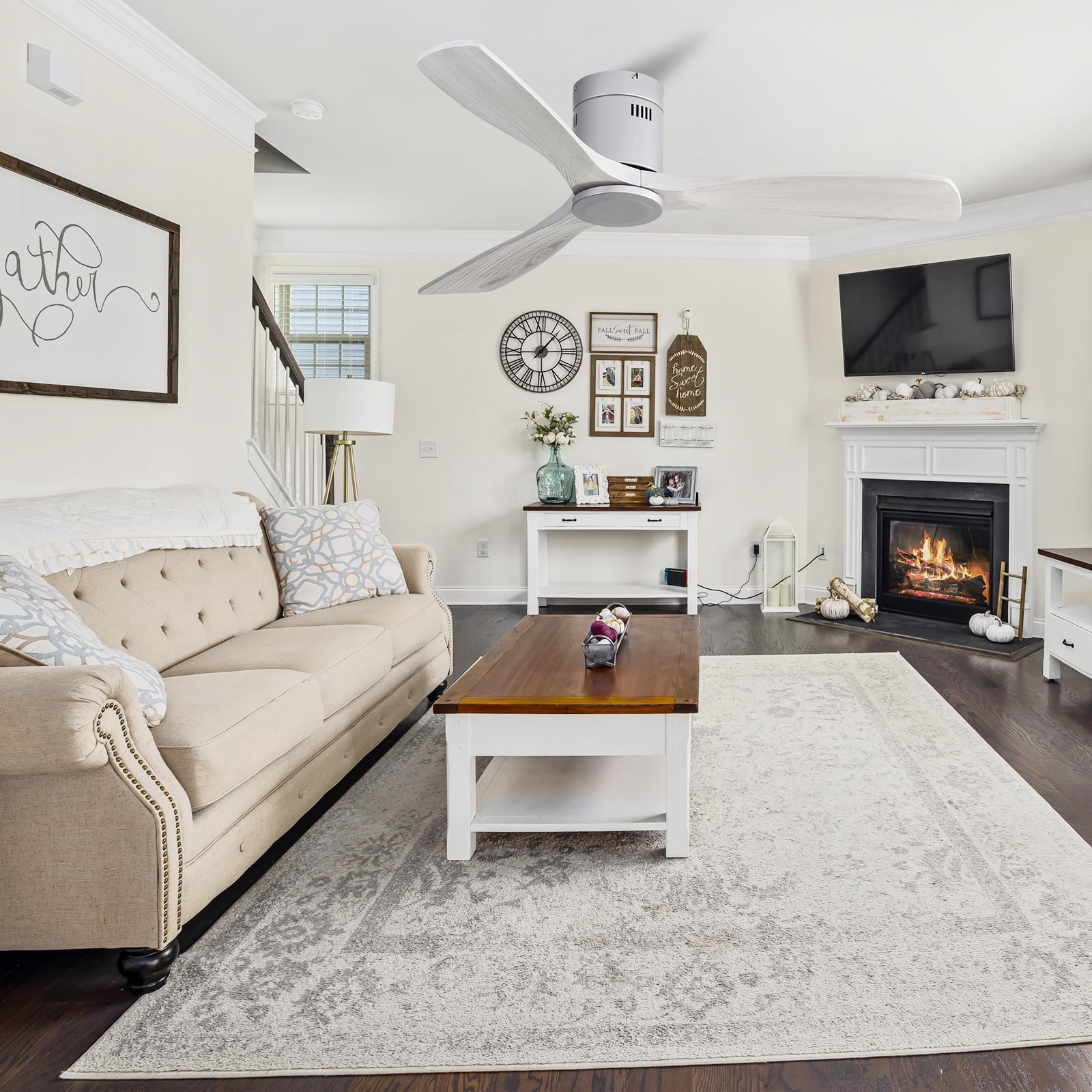 Sofucor 52 Inch Ceiling Fan Without Lights Flush Mount Ceiling Fan with Remote Control, Wood Blades , Silver