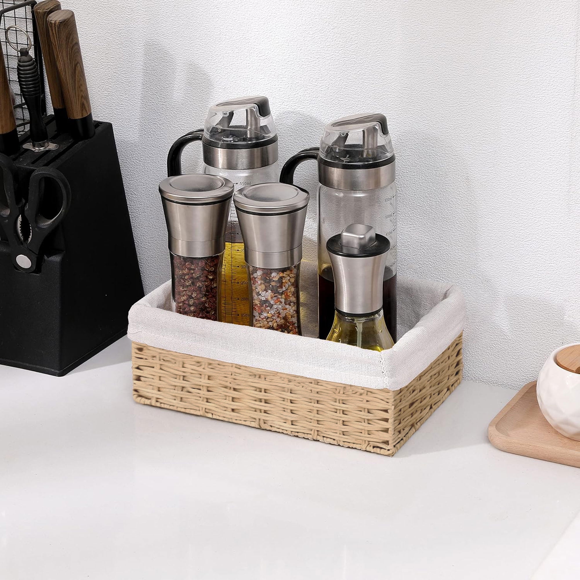 Tripumer 3Pcs Rectangular Wicker Storage Baskets with White Lining, Multi-Purpose Organizers for Home Bathroom Kitchen