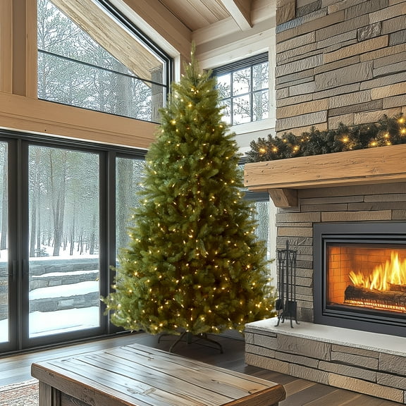 National Tree Company 9 ft Pre-Lit Dunhill Fir Artificial Christmas Tree, 900 LED Lights, 4,029 Tips, PowerConnect, Foot Pedal, 10 Light Functions, Includes Stand, Green