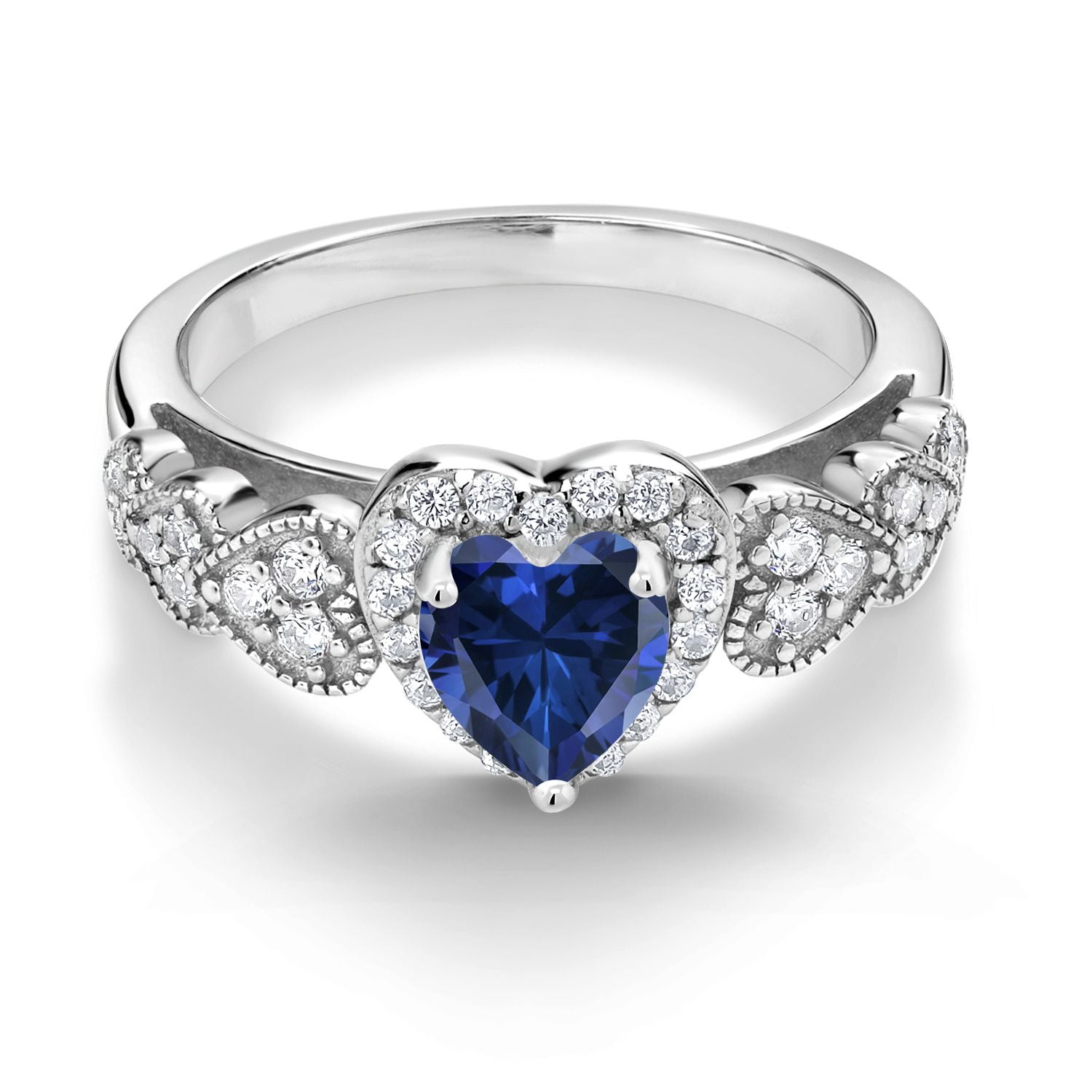 Gem Stone King 925 Sterling Silver Blue Created Sapphire Engagement Ring for Women (1.23 Cttw, Heart Shape 6MM, Available in Size 5, 6, 7, 8, 9)