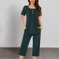 thumbnail image 2 of Feancey Women Pajamas Sets Short Sleeve Casual 2 Piece Pjs Set Front Pleated Button Blouse and Capri Pants Sleepwear Two Piece Loungewear Outfits Holiday Sales Today Navy XXL, 2 of 6